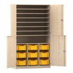 Flexeo Bastelschrank PRO, 3 Reihen, 9 Boxen Gr. M, 8 Fächer Ahorn honig mit Boxen gelb (Zoom)