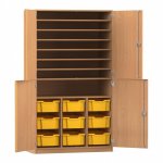 Flexeo Bastelschrank PRO, 3 Reihen, 9 Boxen Gr. M, 8 Fächer Buche dunkel mit Boxen gelb (Zoom)