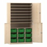 Flexeo Bastelschrank PRO, 3 Reihen, 9 Boxen Gr. M, 8 Fächer Ahorn honig mit Boxen dunkelgrün (Zoom)