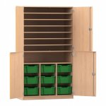 Flexeo Bastelschrank PRO, 3 Reihen, 9 Boxen Gr. M, 8 Fächer Buche hell mit Boxen dunkelgrün (Zoom)