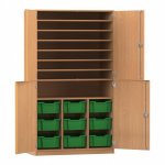 Flexeo Bastelschrank PRO, 3 Reihen, 9 Boxen Gr. M, 8 Fächer Buche dunkel mit Boxen dunkelgrün (Zoom)