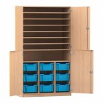 Flexeo Bastelschrank PRO, 3 Reihen, 9 Boxen Gr. M, 8 Fächer Buche hell mit Boxen hellblau (Zoom)