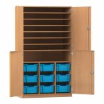 Flexeo Bastelschrank PRO, 3 Reihen, 9 Boxen Gr. M, 8 Fächer Buche dunkel mit Boxen hellblau (Zoom)