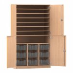 Flexeo Bastelschrank PRO, 3 Reihen, 9 Boxen Gr. M, 8 Fächer Buche hell mit Boxen transparent (Zoom)