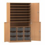 Flexeo Bastelschrank PRO, 3 Reihen, 9 Boxen Gr. M, 8 Fächer Buche dunkel mit Boxen transparent (Zoom)