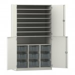 Flexeo Bastelschrank PRO, 3 Reihen, 9 Boxen Gr. M, 8 Fächer weiß mit Boxen transparent (Zoom)