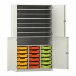 Flexeo Bastelschrank PRO, 3 Reihen, 18 Boxen Gr. S, 8 Fächer weiß mit Boxen bunt (Zoom)