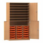 Flexeo Bastelschrank PRO, 3 Reihen, 18 Boxen Gr. S, 8 Fächer Buche dunkel mit Boxen orange (Zoom)