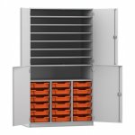 Flexeo Bastelschrank PRO, 3 Reihen, 18 Boxen Gr. S, 8 Fächer grau mit Boxen orange (Zoom)