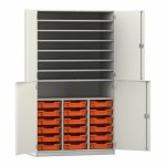 Flexeo Bastelschrank PRO, 3 Reihen, 18 Boxen Gr. S, 8 Fächer weiß mit Boxen orange (Zoom)