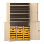 Flexeo Bastelschrank PRO, 3 Reihen, 18 Boxen Gr. S, 8 Fächer Ahorn honig mit Boxen gelb (Zoom)