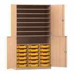 Flexeo Bastelschrank PRO, 3 Reihen, 18 Boxen Gr. S, 8 Fächer Buche hell mit Boxen gelb (Zoom)