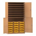 Flexeo Bastelschrank PRO, 3 Reihen, 18 Boxen Gr. S, 8 Fächer Buche dunkel mit Boxen gelb (Zoom)