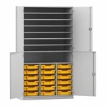 Flexeo Bastelschrank PRO, 3 Reihen, 18 Boxen Gr. S, 8 Fächer grau mit Boxen gelb (Zoom)