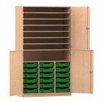 Flexeo Bastelschrank PRO, 3 Reihen, 18 Boxen Gr. S, 8 Fächer Buche hell mit Boxen dunkelgrün (Zoom)