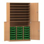 Flexeo Bastelschrank PRO, 3 Reihen, 18 Boxen Gr. S, 8 Fächer Buche dunkel mit Boxen dunkelgrün (Zoom)