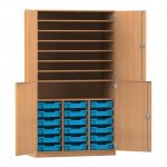 Flexeo Bastelschrank mit 18 kleinen Boxen Buche dunkel mit Boxen hellblau (Zoom)