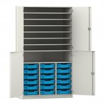 Flexeo Bastelschrank PRO, 3 Reihen, 18 Boxen Gr. S, 8 Fächer weiß mit Boxen hellblau (Zoom)