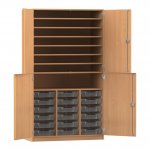 Flexeo Bastelschrank PRO, 3 Reihen, 18 Boxen Gr. S, 8 Fächer Buche dunkel mit Boxen transparent (Zoom)