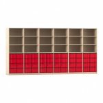Flexeo Systemschrankwand Altair, 48 große Boxen, 18 Fächer Ahorn honig mit Boxen rot (Zoom)