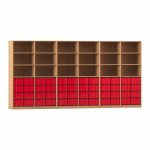 Flexeo Systemschrankwand Altair, 48 große Boxen, 18 Fächer Buche dunkel mit Boxen rot (Zoom)