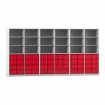 Flexeo Systemschrankwand Altair mit 18 Fächern und 48 großen Boxen grau mit Boxen rot (Zoom)