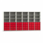 Flexeo Systemschrankwand Altair, 48 große Boxen, 18 Fächer weiß mit Boxen rot (Zoom)