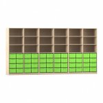 Flexeo Systemschrankwand Altair, 48 große Boxen, 18 Fächer Ahorn honig mit Boxen grün (Zoom)