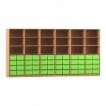 Flexeo Systemschrankwand Altair mit 18 Fächern und 48 großen Boxen Buche dunkel mit Boxen grün (Zoom)