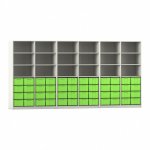 Flexeo Systemschrankwand Altair mit 18 Fächern und 48 großen Boxen weiß mit Boxen grün (Zoom)
