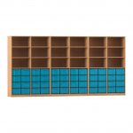 Flexeo Systemschrankwand Altair, 48 große Boxen, 18 Fächer Buche dunkel mit Boxen blau (Zoom)