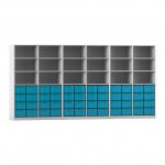Flexeo Systemschrankwand Altair mit 18 Fächern und 48 großen Boxen grau mit Boxen blau (Zoom)