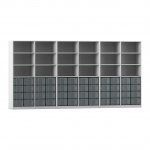 Flexeo Systemschrankwand Altair, 48 große Boxen, 18 Fächer grau mit Boxen transparent (Zoom)