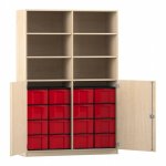 Flexeo Halbtürenschrank mit 16 großen Boxen, 6 Fächer und 2 Halbtüren Ahorn honig mit Boxen rot (Zoom)