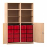 Flexeo Halbtürenschrank mit 16 großen Boxen, 6 Fächer und 2 Halbtüren Buche hell mit Boxen rot (Zoom)