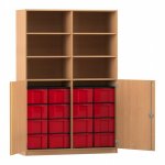 Flexeo Schrank, 16 große Boxen, 6 Fächer, Mittelwand, 2 Halbtüren Buche dunkel mit Boxen rot (Zoom)