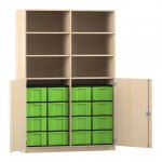 Flexeo Halbtürenschrank mit 16 großen Boxen, 6 Fächer und 2 Halbtüren Ahorn honig mit Boxen grün (Zoom)