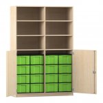 Flexeo Schrank, 16 große Boxen, 6 Fächer, Mittelwand, 2 Halbtüren Ahorn honig mit Boxen grün (Zoom)