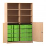 Flexeo Schrank, 16 große Boxen, 6 Fächer, Mittelwand, 2 Halbtüren Buche hell mit Boxen grün (Zoom)