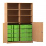 Flexeo Halbtürenschrank mit 16 großen Boxen, 6 Fächer und 2 Halbtüren Buche dunkel mit Boxen grün (Zoom)