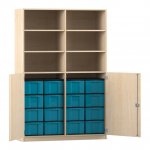 Flexeo Schrank, 16 große Boxen, 6 Fächer, Mittelwand, 2 Halbtüren Ahorn honig mit Boxen blau (Zoom)