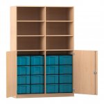 Flexeo Halbtürenschrank mit 16 großen Boxen, 6 Fächer und 2 Halbtüren Buche hell mit Boxen blau (Zoom)