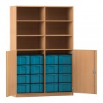Flexeo Schrank, 16 große Boxen, 6 Fächer, Mittelwand, 2 Halbtüren Buche dunkel mit Boxen blau (Zoom)