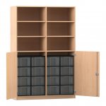 Flexeo Halbtürenschrank mit 16 großen Boxen, 6 Fächer und 2 Halbtüren Buche hell mit Boxen transparent (Zoom)