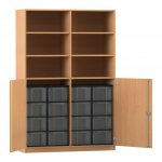 Flexeo Halbtürenschrank mit 16 großen Boxen, 6 Fächer und 2 Halbtüren Buche dunkel mit Boxen transparent (Zoom)