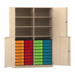 Flexeo Schrank, 32 kleine Boxen, 6 Fächer, Mittelwand, 4 Halbtüren Ahorn honig mit Boxen bunt (Zoom)