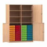 Flexeo Schrank, 32 kleine Boxen, 6 Fächer, Mittelwand, 4 Halbtüren Buche hell mit Boxen bunt (Zoom)