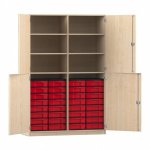 Flexeo Halbtürenschrank mit 32 kleinen Boxen und 4 Halbtüren Ahorn honig mit Boxen rot (Zoom)