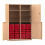 Flexeo Schrank, 32 kleine Boxen, 6 Fächer, Mittelwand, 4 Halbtüren Buche hell mit Boxen rot (Zoom)