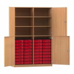 Flexeo Halbtürenschrank mit 32 kleinen Boxen und 4 Halbtüren Buche dunkel mit Boxen rot  (Zoom)